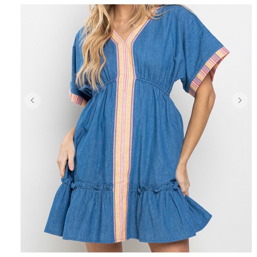 20 Boho Contrast Denim Shirring Detailed Tiered Dress - Picture 2 of 5